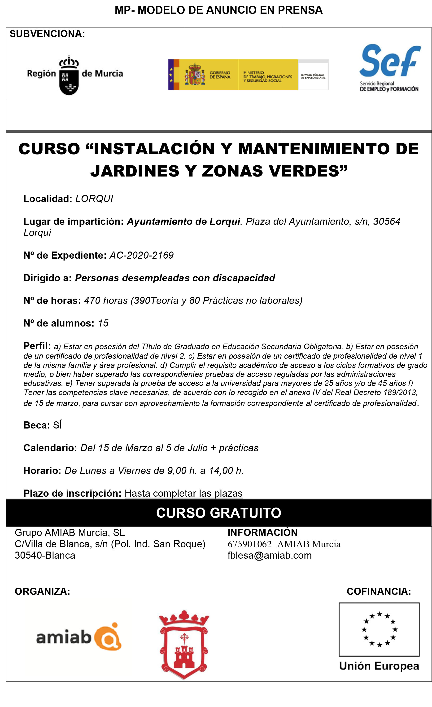 PUBLICIDAD DE CURSO EN PRENSA Lorqui INSTALACION Y MANTENIMIENTO DE JARDINES Y ZONAS VERDES